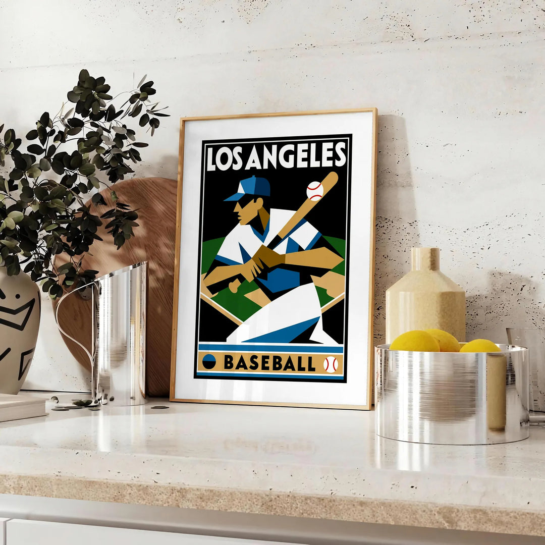 ロサンゼルスの野球を祝うビンテージアールデコポスター。野球ファンやママに最適な50x70または30x40サイズ。チームスピリットを示すユニークな壁アート。サイズ：A4、30x40 cm、50x70 cm、60x80 cm、A0。