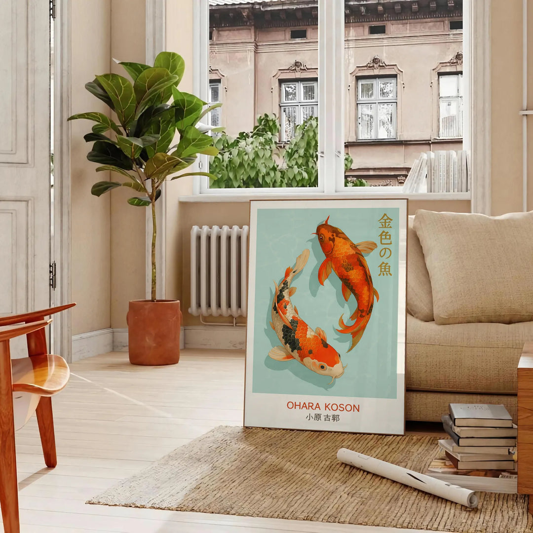 Poster di pesci Ohara Koson con eleganti tonalità di blu e rosso, perfetto per abbellire qualsiasi ambiente