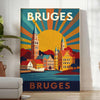 Poster vintage Art Déco di Bruges con veduta cittadina gialla e verde