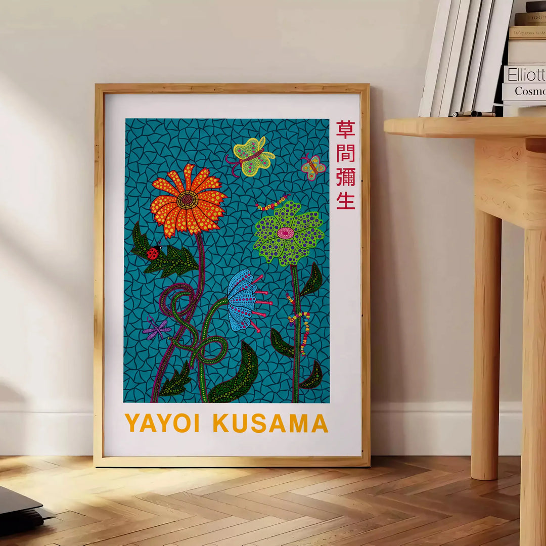 Vibrant poster inspirerad av Yayoi Kusama med blommor i gröna och orange nyanser, perfekt för att lyfta ditt rum