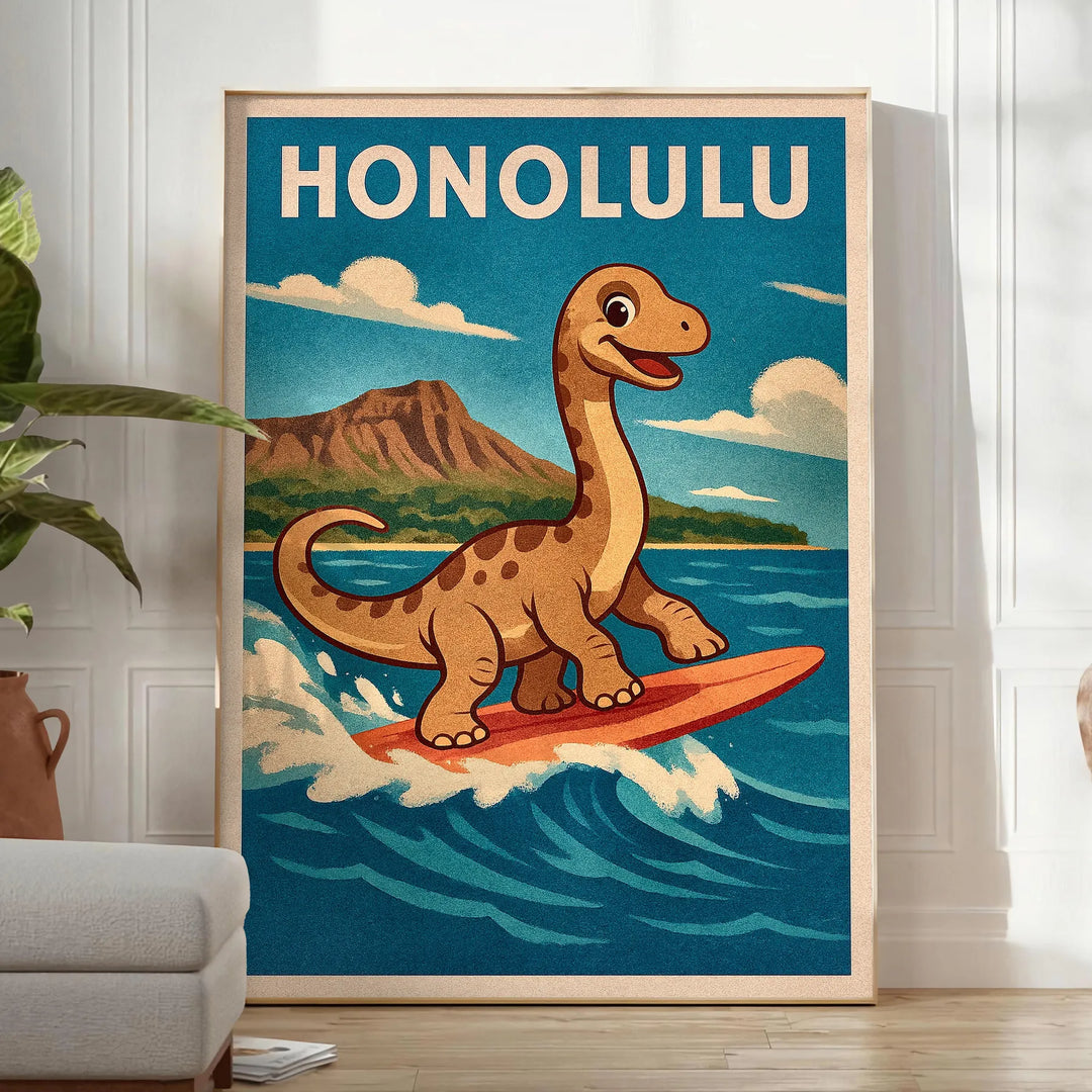 Färgglad dinosaurieposter för barn som surfar, perfekt för barnrum eller lekområde. Finns i flera storlekar