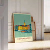 Manifesto vintage Art Déco Copenhagen in verde e grigio, illustrazione di viaggio