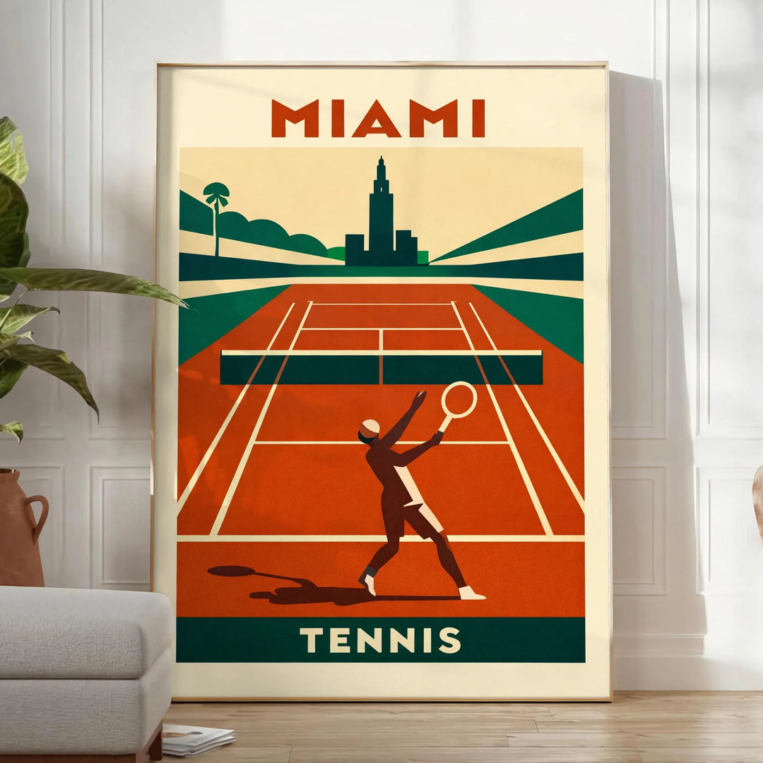 Póster de ténis de Miami, com cores vibrantes em laranja e vermelho, ideal para amantes de desporto. Disponível nas dimensões