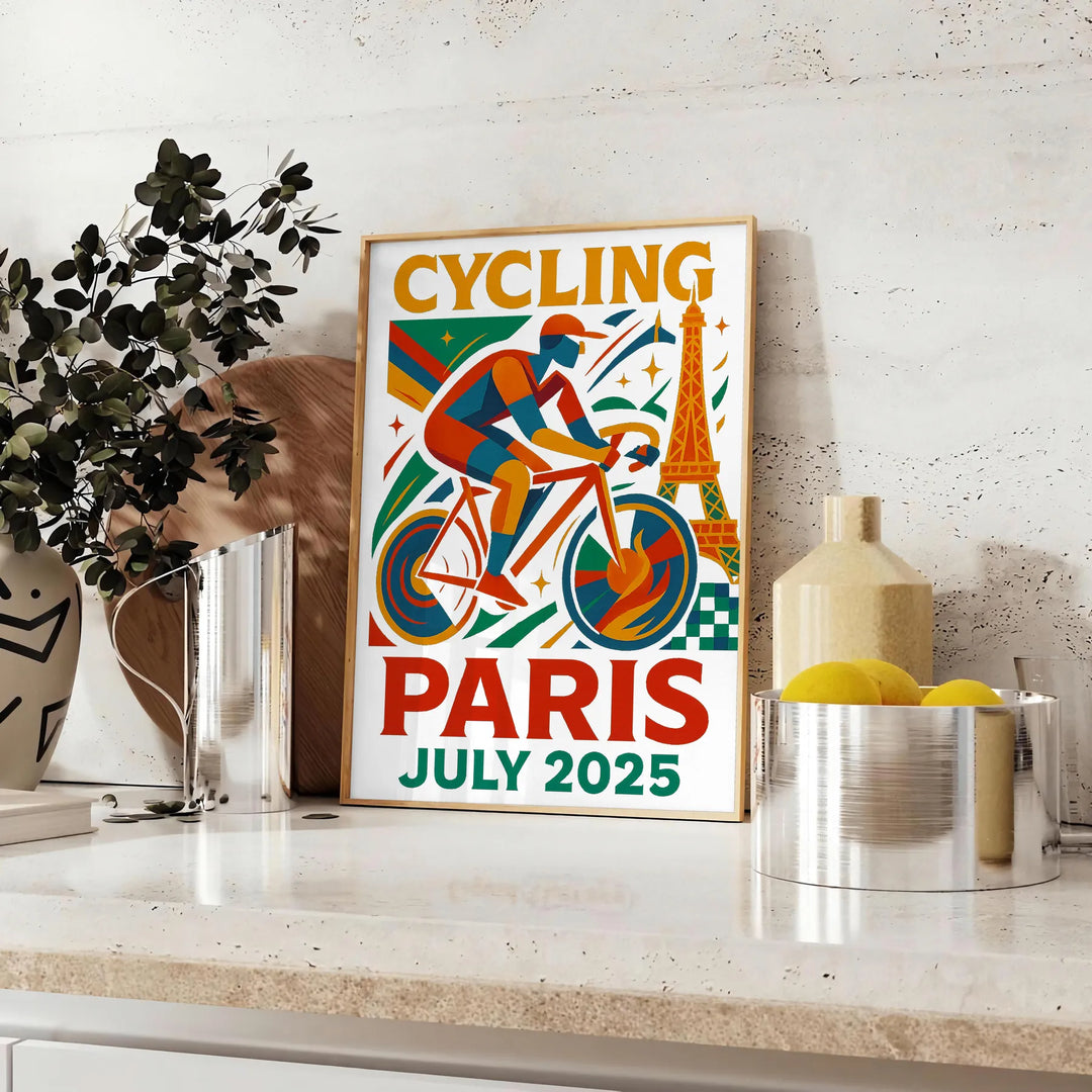 Stilīgs Parīzes Tour de France velosipēdu plakāts ar dzīvīgām sarkanām un zilām krāsām, izmēros 50x70 vai 30x40, ideāli piemē