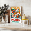 Stilīgs Parīzes Tour de France velosipēdu plakāts ar dzīvīgām sarkanām un zilām krāsām, izmēros 50x70 vai 30x40, ideāli piemē