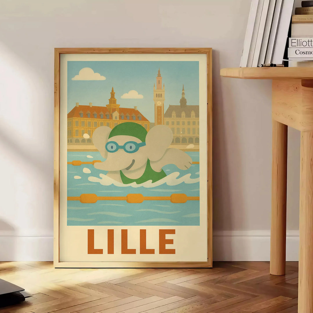 Bērnu plakāts ar ziloņu, kas peld, krāsās pelēkā un oranžā, lielums 50x70 vai 30x40, ideāli piemērots bērnu istabai