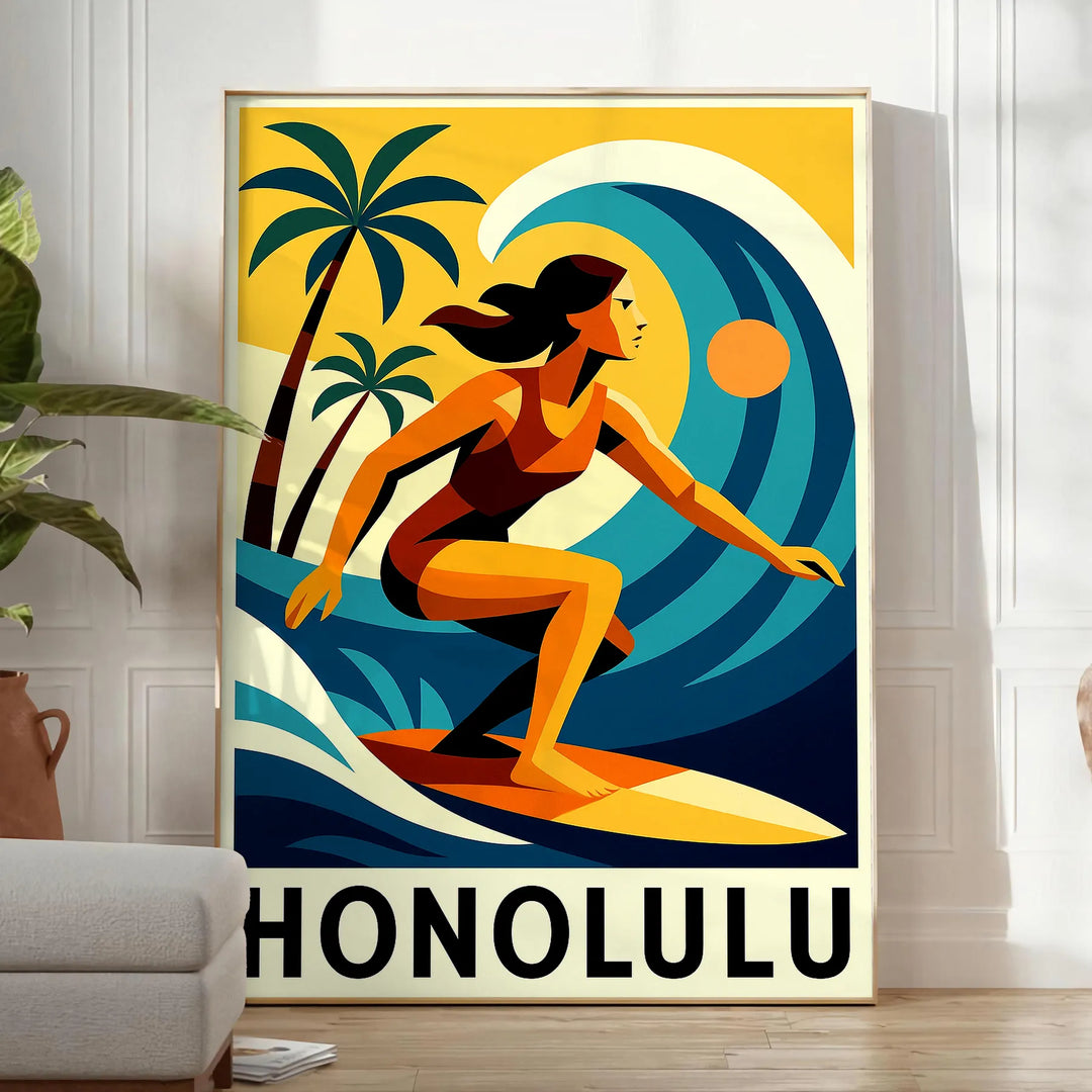 Färgglad Honolulu Surf poster som fångar surfkulturens anda med energiska röda och blå nyanser. Finns i storlekarna 50x70 ell