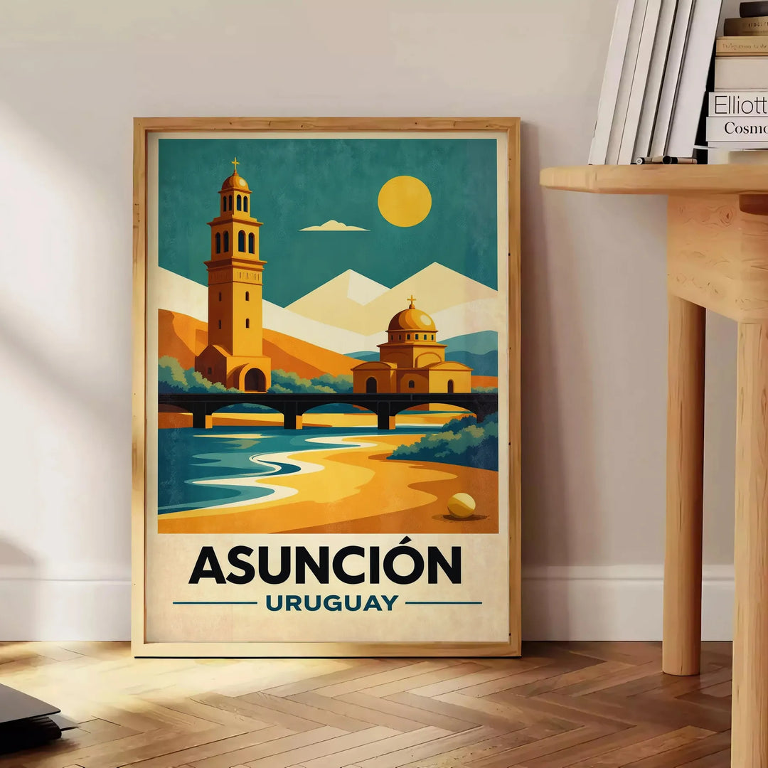 Vintage Art Déco poster of Asunción, Paraguay cityscape in orange and green