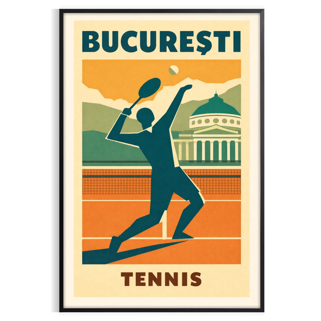 space stunning Bucarest Romania tennis poster vibrant blue orange hues sports enthusiasts art lovers energy beautiful city Bucharest touch excitement decor sizes A4 cm A0