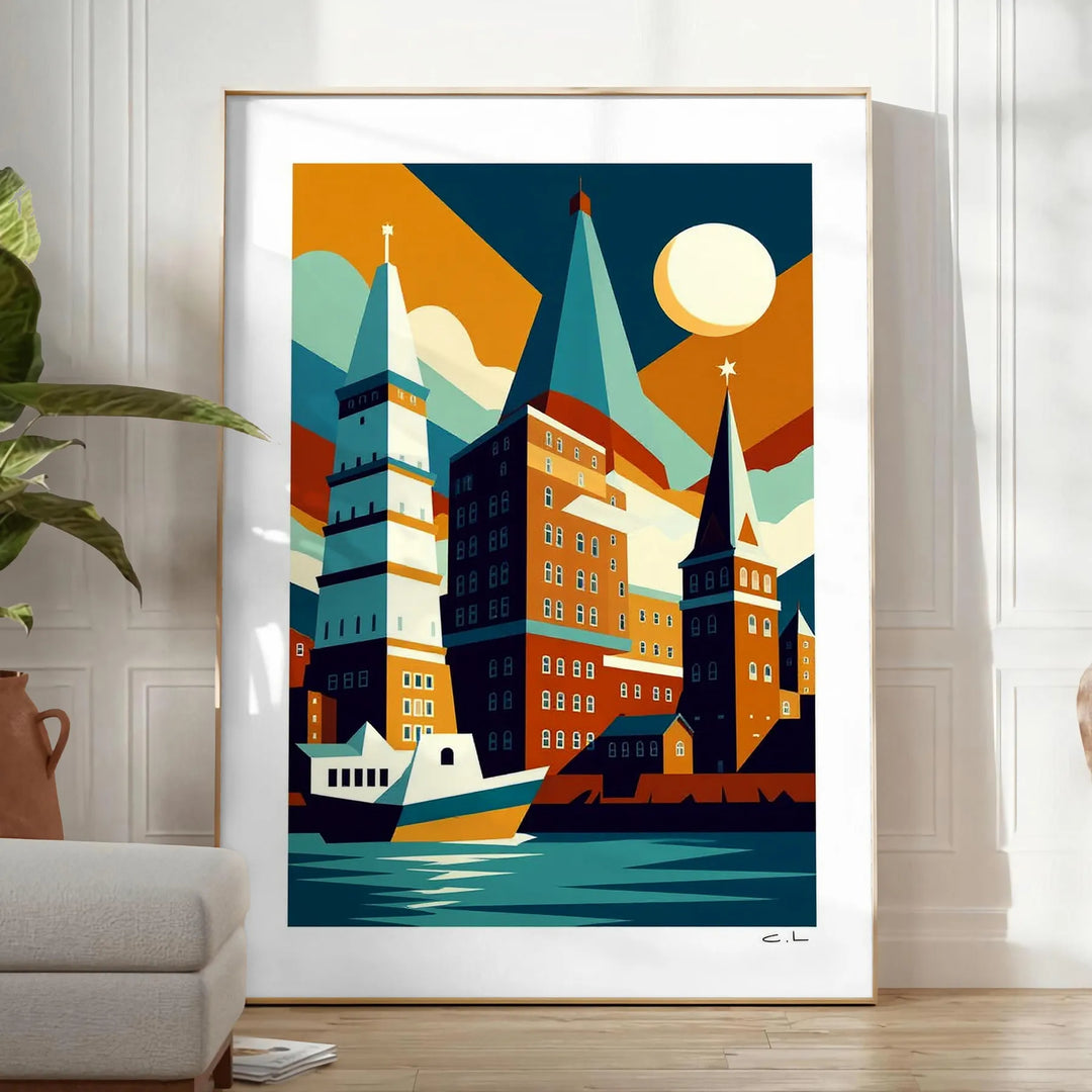 Poster vintage Art Déco di Amburgo con toni verde e rosso