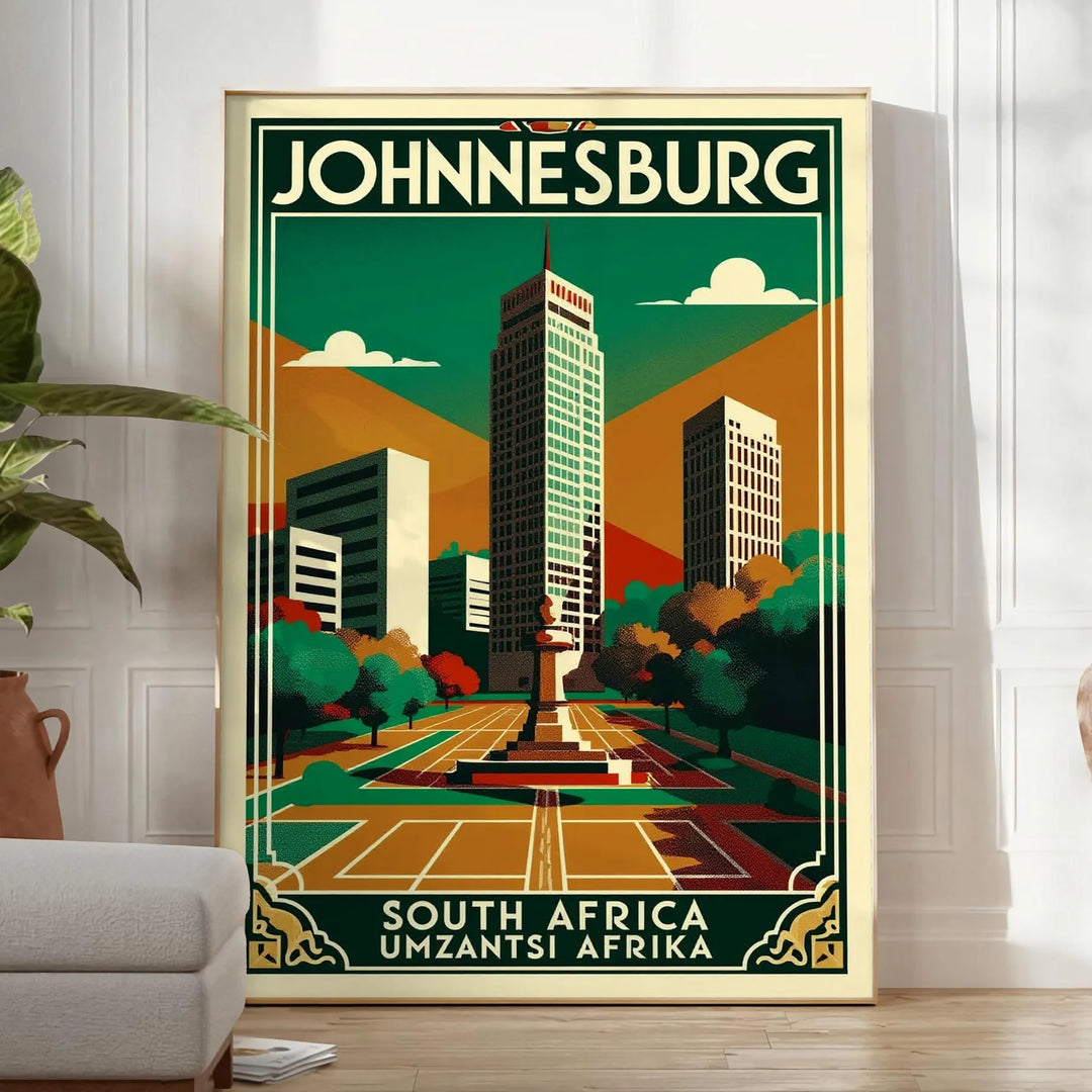 charm Johannesburg vintage travel poster stunning Art Deco designs sophisticated gray brown hues decor essence South Africa vibrant history space unframed options perfect look