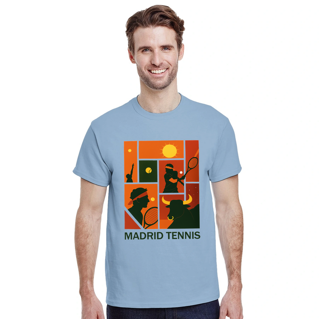 T-shirt Madrid Tennis Rafa, omaggio a Rafael Nadal, perfetto per appassionati e giocatori. Disponibile in taglie S, M, L, XL
