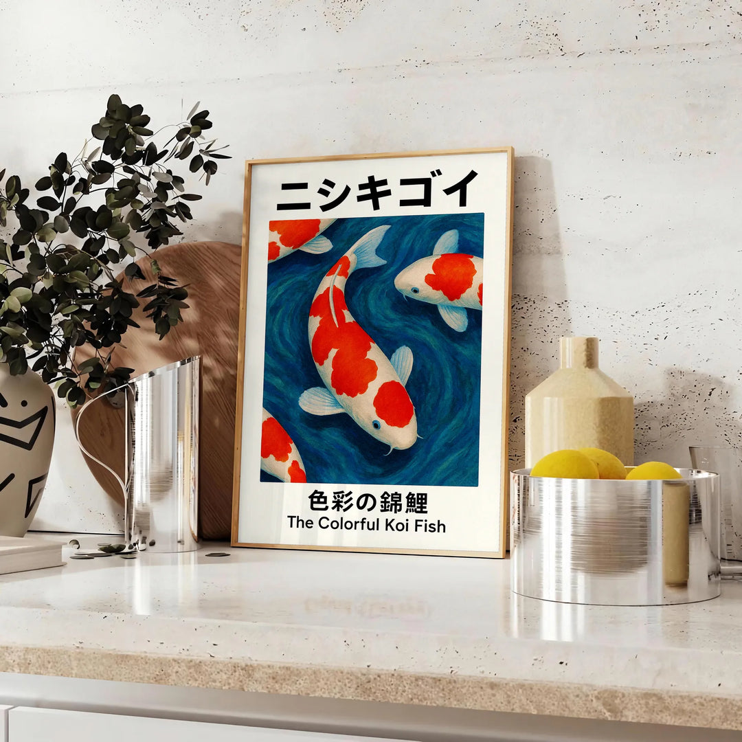 Koi Fish japansk affisch med livliga gröna och röda nyanser, perfekt för att förvandla ditt rum med en lugn och dynamisk käns