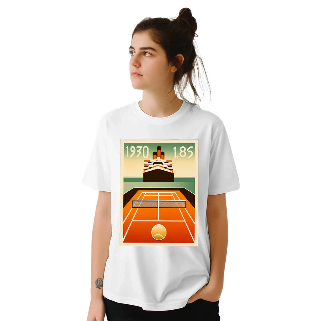 タイタニックテニスTシャツ。クラシックなタイタニックのエレガンスとテニスの楽しさを融合したユニークなデザインのTシャツ。サイズ: S, M, L, XL, XXL。