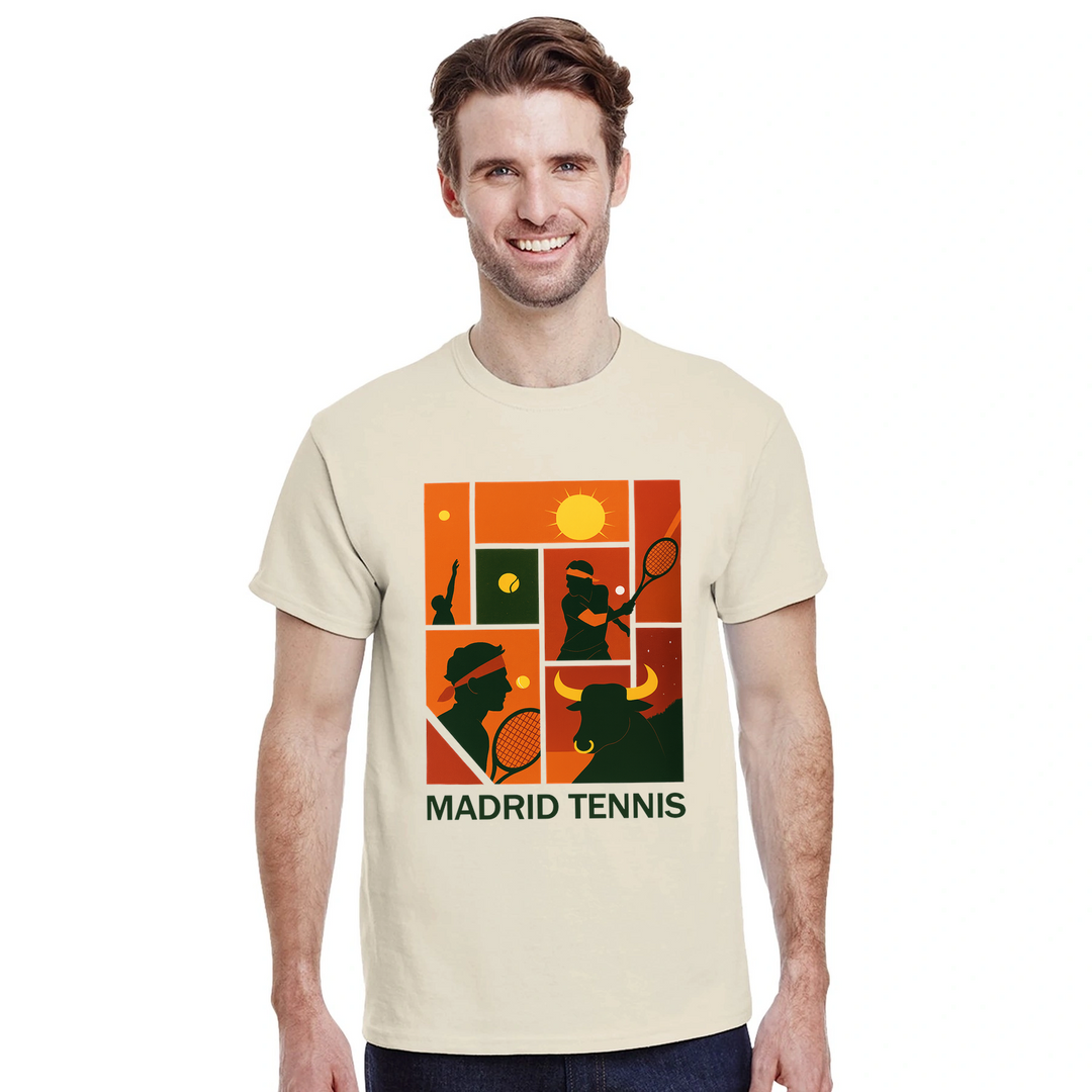 T-shirt Madrid Tennis Rafa, omaggio a Rafael Nadal, perfetto per appassionati e giocatori. Disponibile in taglie S, M, L, XL