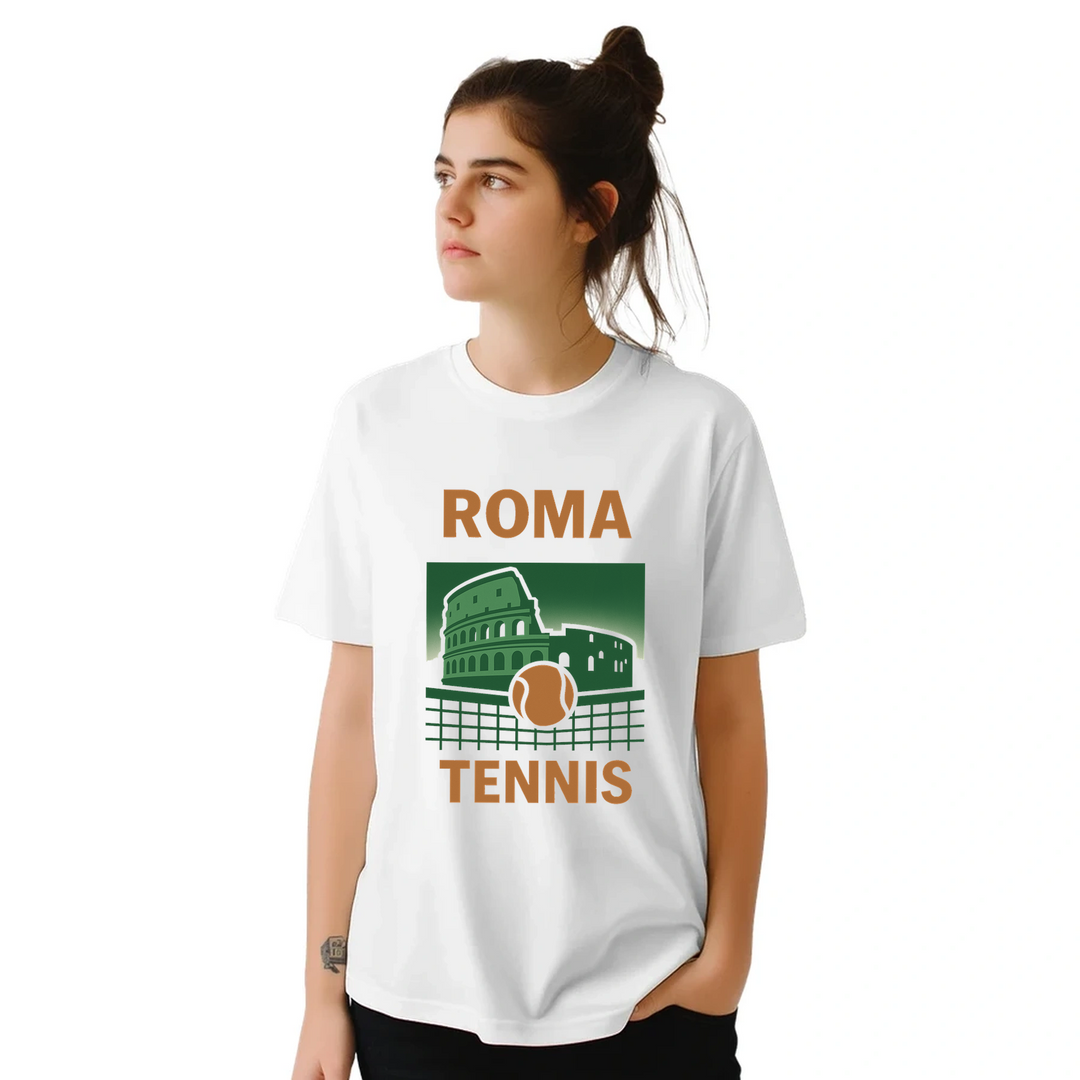 テニス愛好家に最適なローマテニスTシャツ。鮮やかなデザインでゲームの精神を称え、高品質な素材で快適さと耐久性を提供します。