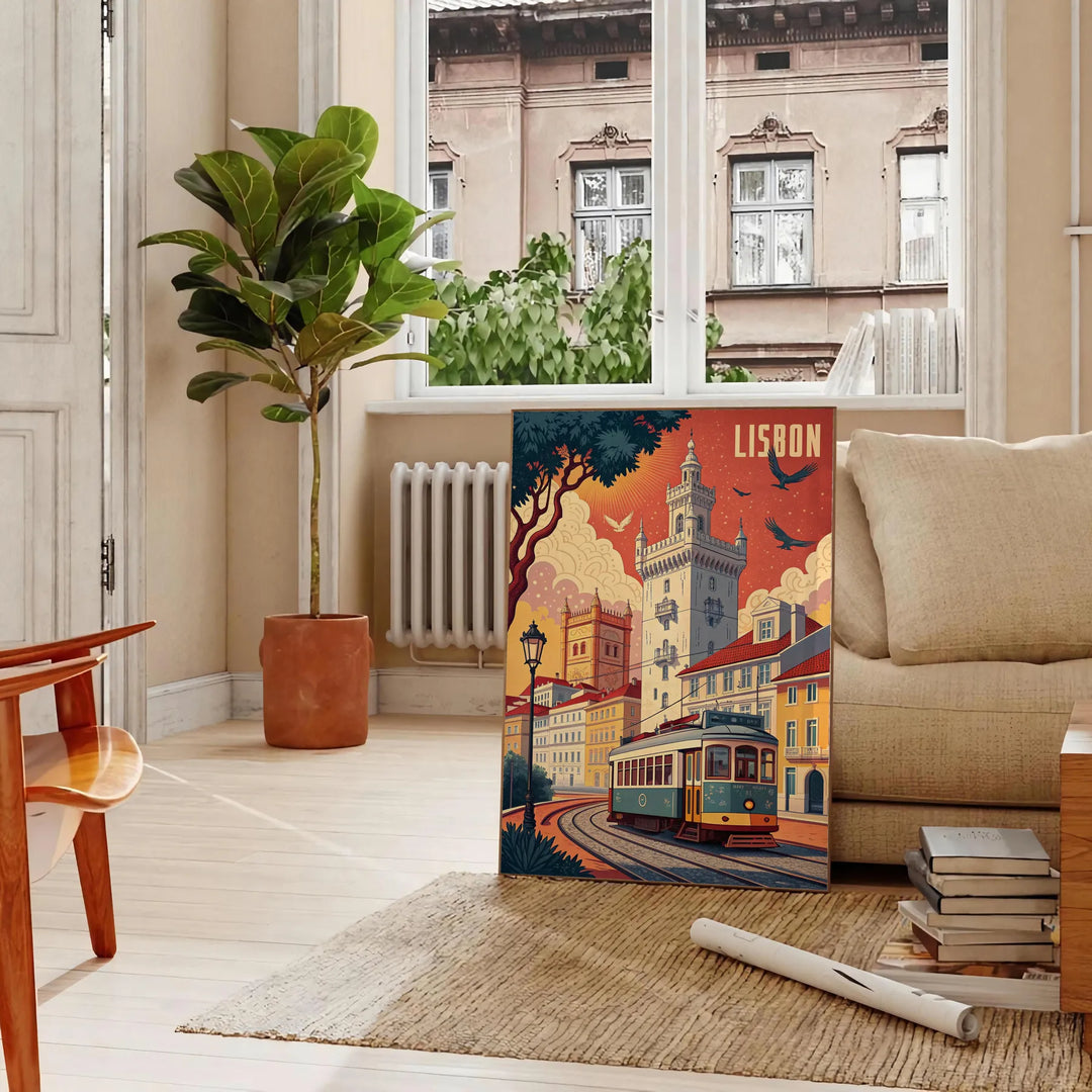 Manifesto nero e arancione di Lisbona in stile Art Déco raffigurante la città