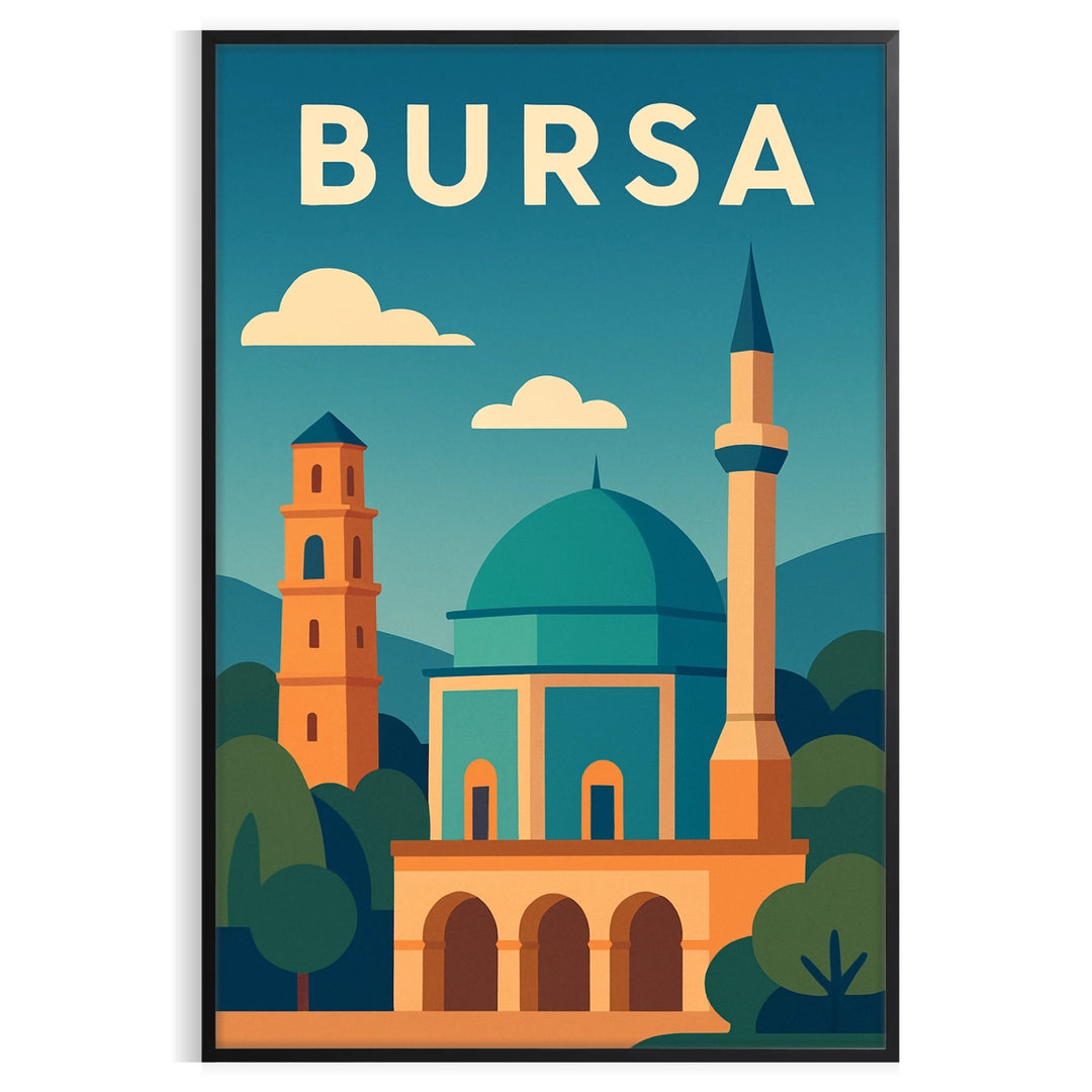 Green and blue stylized Bursa, Turkey travel poster with architectural skyline illustration