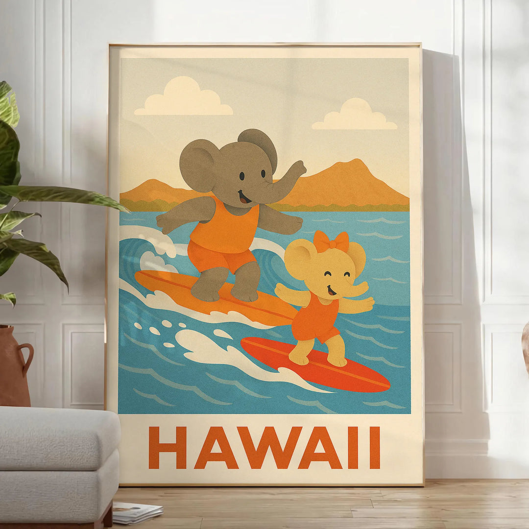 unique Kid Elephant Surf Hawaii parfaite une touche ludique colorée décor dimensions 30x40 nuances gris orange idéal amoureux aventure version affiche