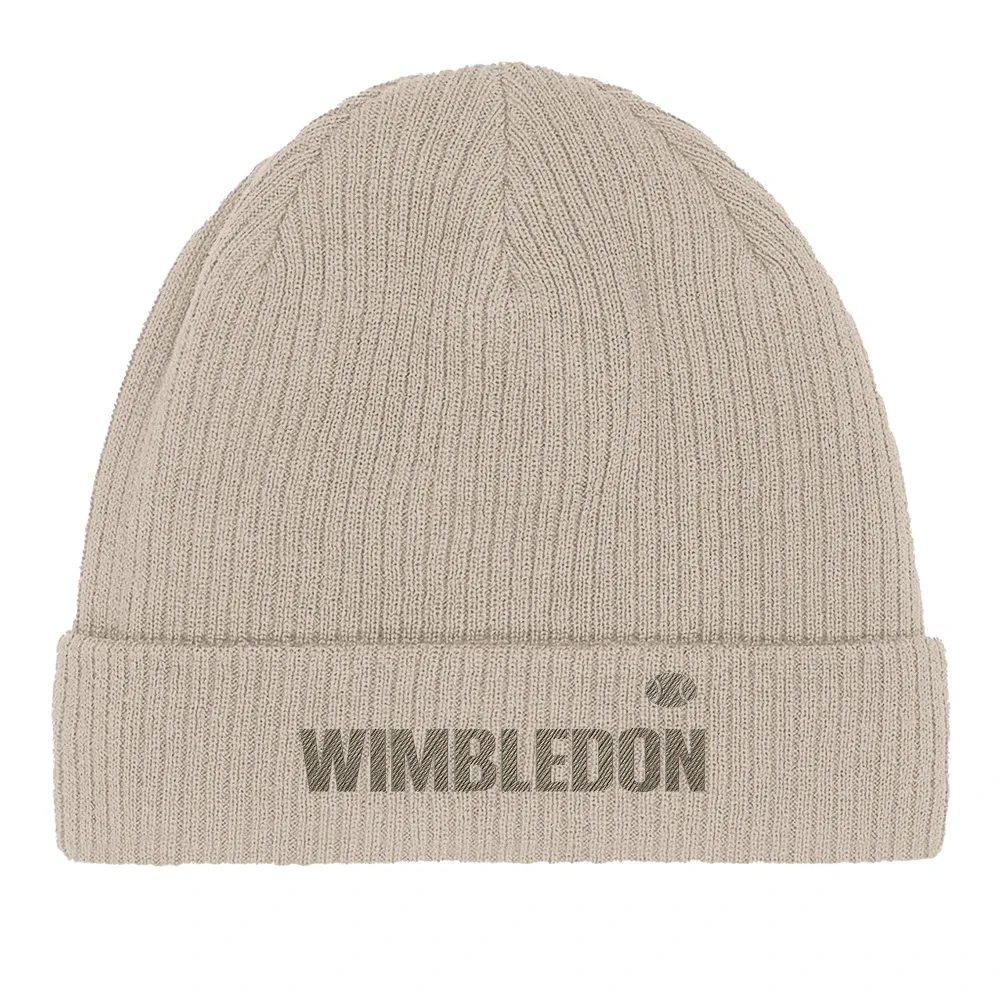 100%オーガニックコットン製のウィンブルドンテニス刺繍ビーニー。軽量で通気性があり、快適さとスタイルを両立。