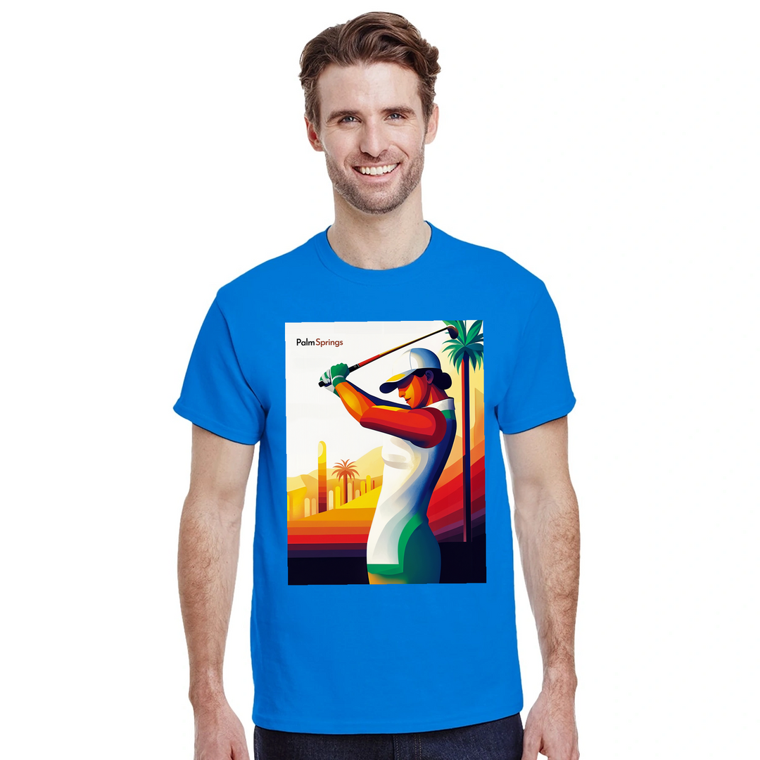 ゴルフパームスプリングスTシャツ。快適なコットン素材で、パームスプリングスの活気ある雰囲気を表現。ゴルフ愛好者や日差しを楽しむ人に最適な一枚です。
