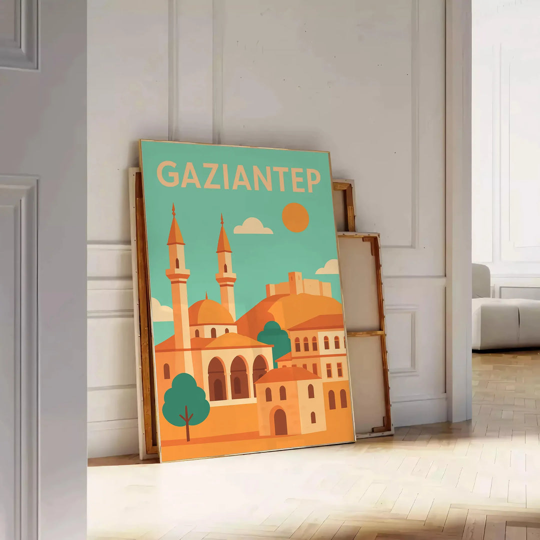 Gaziantep, Turkey cityscape poster in stylized watercolor with green and blue