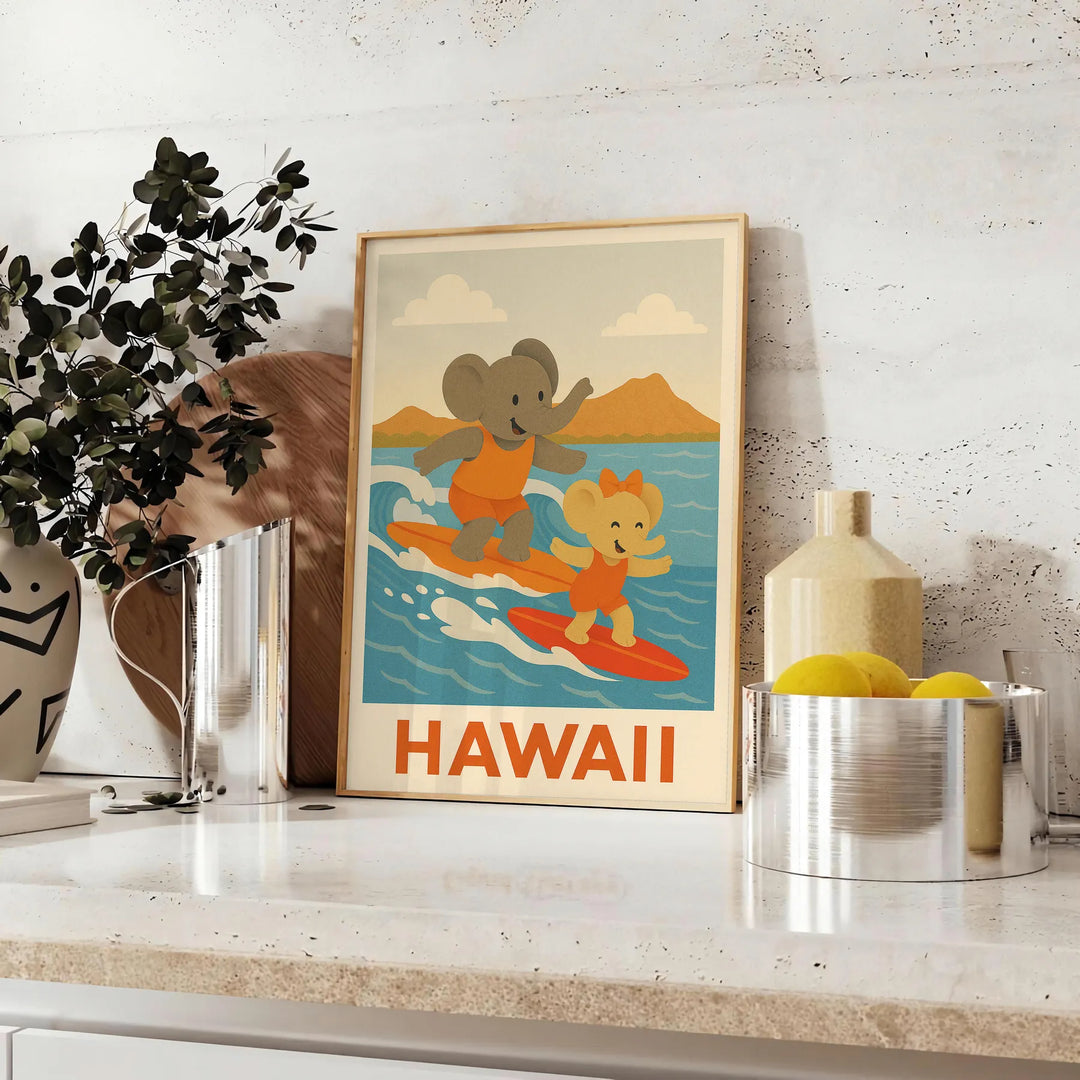 unique Kid Elephant Surf Hawaii parfaite une touche ludique colorée décor dimensions 30x40 nuances gris orange idéal amoureux aventure version affiche