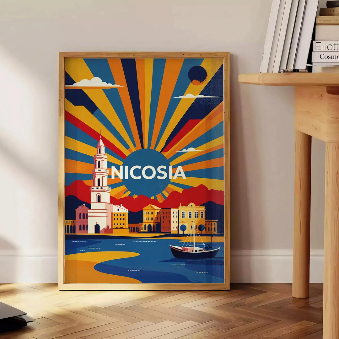 Manifesto vintage Art Déco di Nicosia, Cipro in arancione e rosso