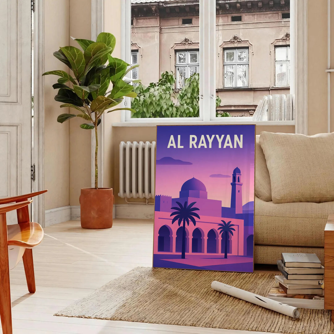 Al Rayyan Qatar skyline poster in stylized purple and white artwork