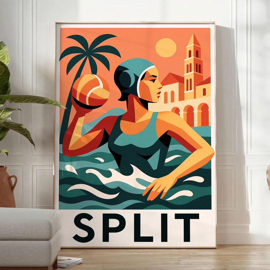 水球スポーツポスター '199' の鮮やかなデザイン。赤とオレンジの大胆なトーンで、50x70または30x40インチのサイズ。スポーツ愛好者に最適なアート作品。フレーム付きまたはフレームなしで購入可能。