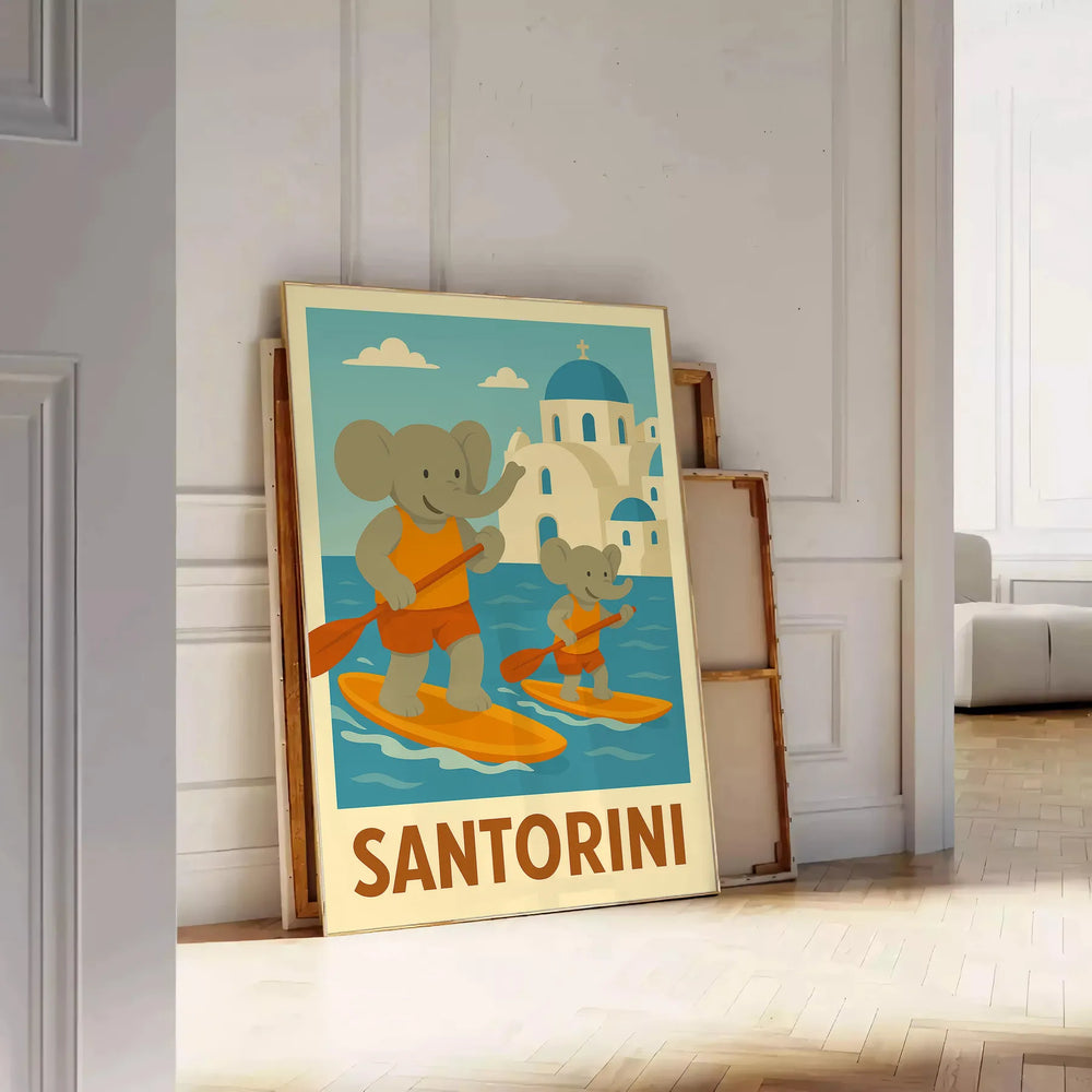 space enchanting Kid Elephant Paddle Santorini poster stunning blue orange hues children rooms playful spaces vibrant artwork imagination joy touch whimsy home sizes A4 cm A0