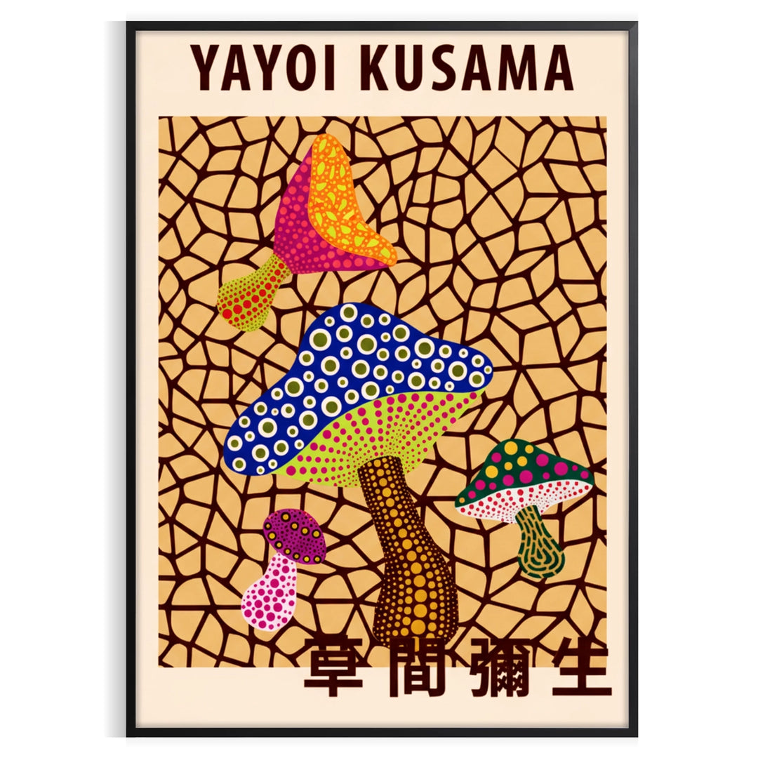 vibrant allure Yayoi Kusama mushroom poster red black tones art lovers cm masterpiece space today size A4 A0