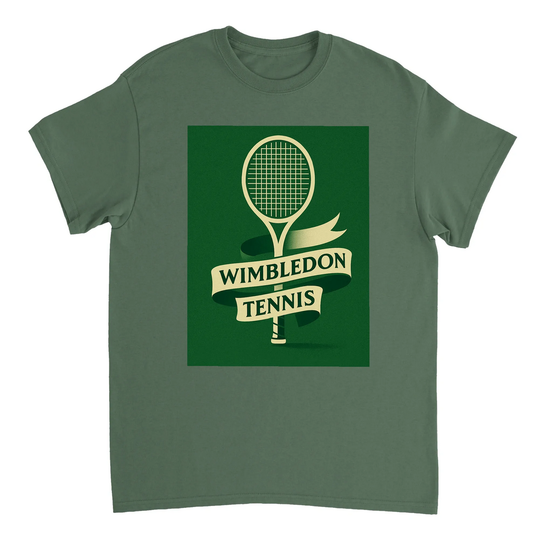 ウィンブルドンを祝うテニステーマのTシャツ。快適で耐久性に優れたデザインで、スポーツ愛好者必見のアイテム。サイズ展開: S, M, L, XL, XXL。