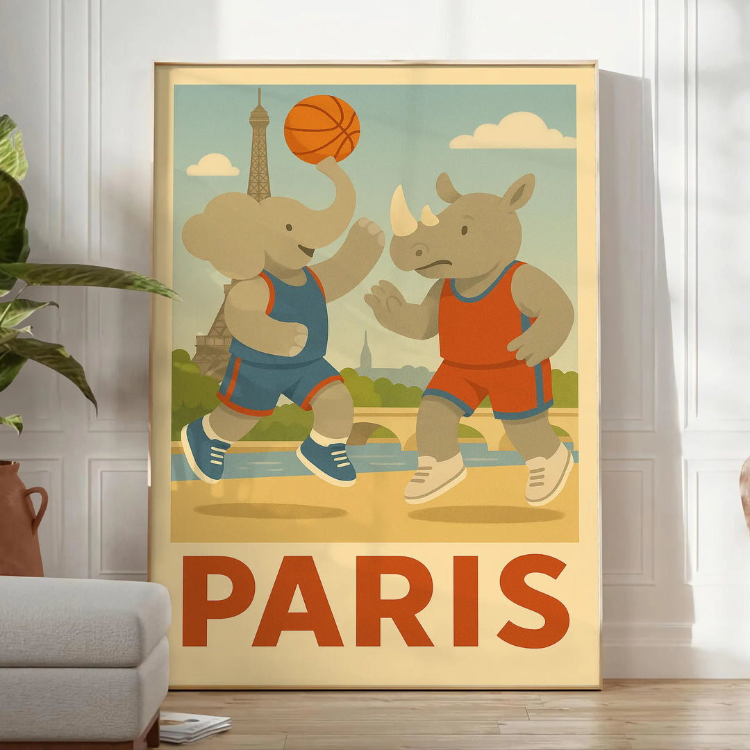 パリの風景を背景にした、魅力的な子供の象とサイのバスケットボールポスター。アートデコスタイルで、バスケットボール愛好者に最適な壁アート。