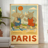 パリの風景を背景にした、魅力的な子供の象とサイのバスケットボールポスター。アートデコスタイルで、バスケットボール愛好者に最適な壁アート。