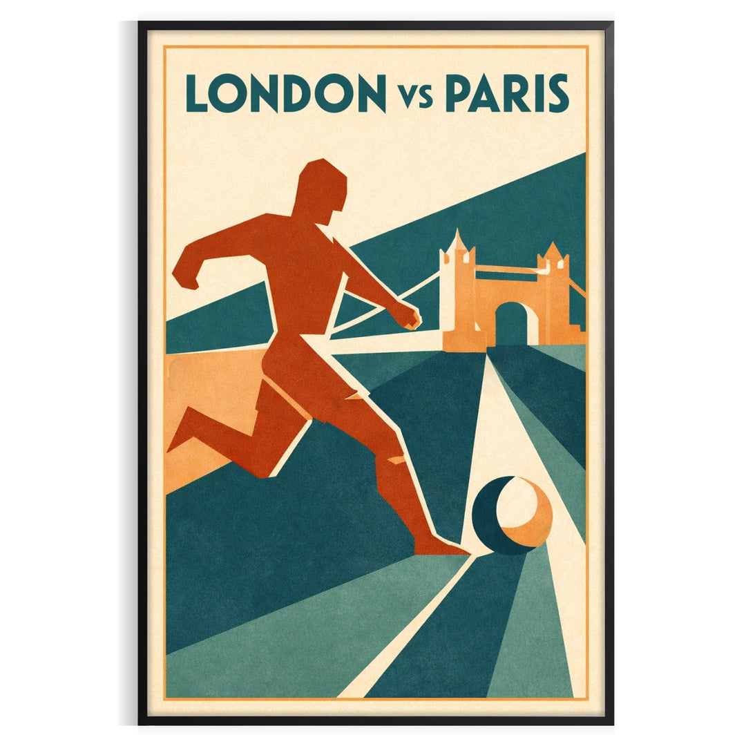 A football-themed poster featuring London's skyline in blue and gray tones