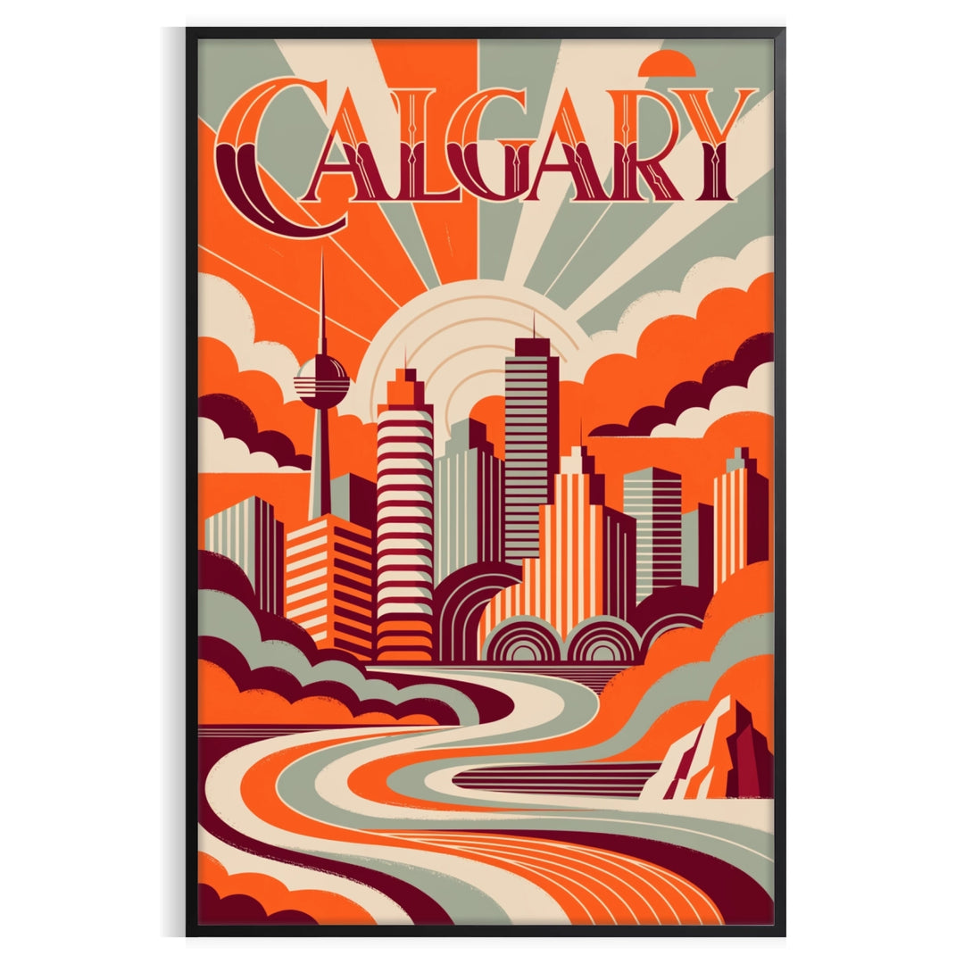 Calgary travel scene Art Deco poster in orange and green tones