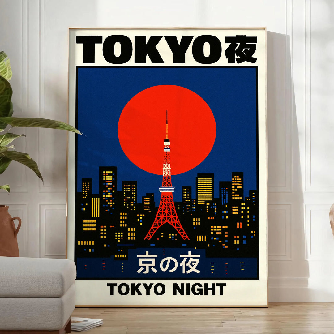 Stilren affisch med en fängslande fusion av röda och svarta nyanser som fångar Tokyos nattliv. Perfekt för att ge ditt rum en