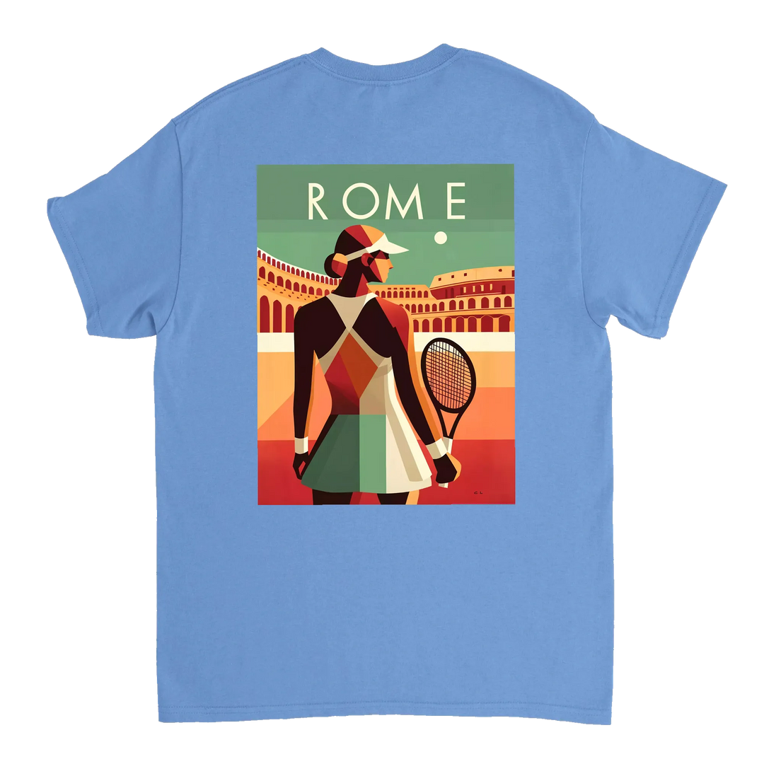 情熱的なファンとスタイリッシュなアスリートのためにデザインされたローマテニスTシャツ。コート内外での着用に最適な鮮やかなテニスグラフィックが特徴。柔らかく通気性のあるコットン素材で快適さを提供します。