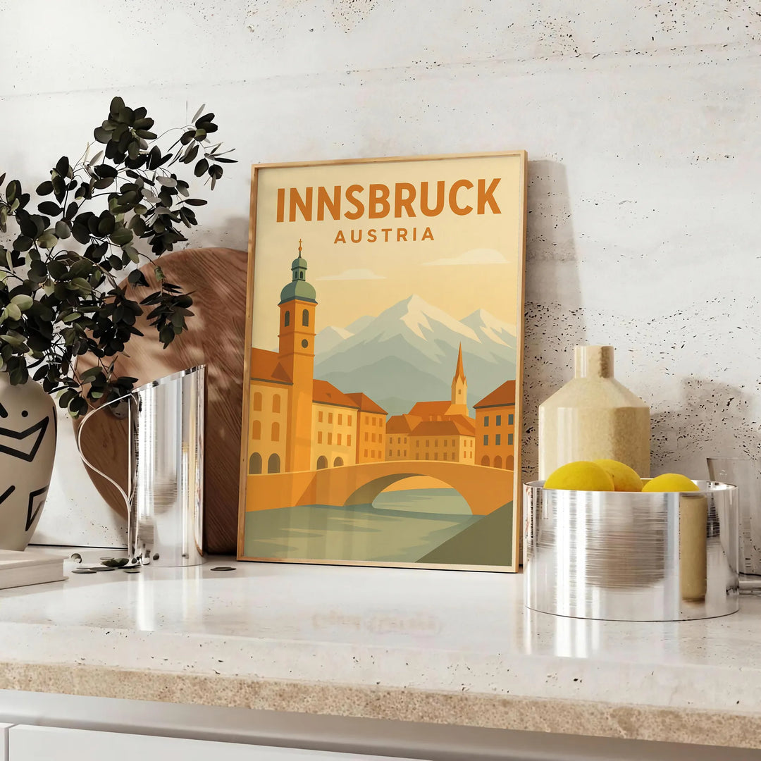 Affiche Innsbruck paysage alpin style vintage avec tons verts et bruns