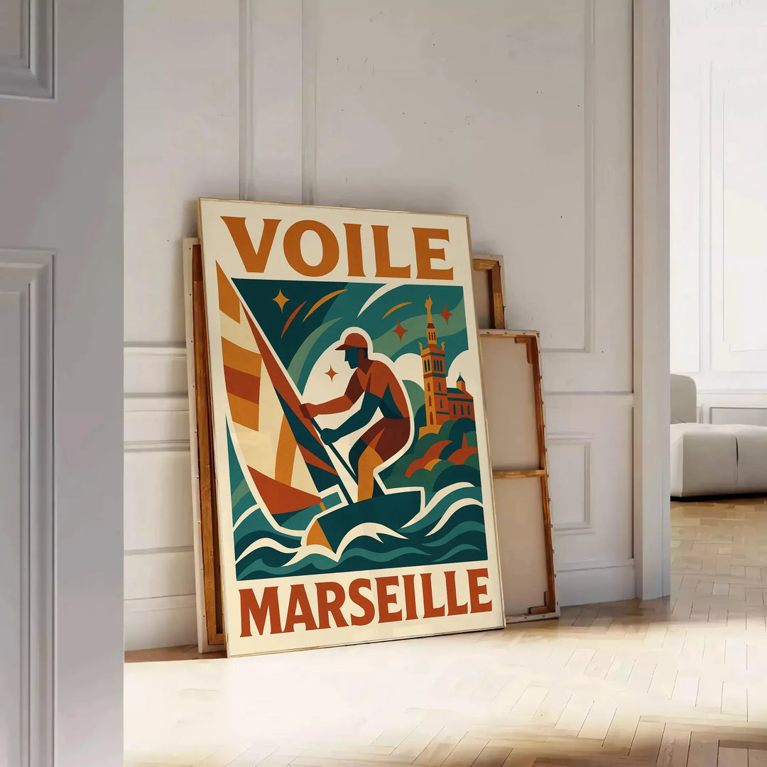 Stilvolles Poster mit Segelszene in Marseille, ideal für maritime Dekoration. Erhältlich in verschiedenen Größen