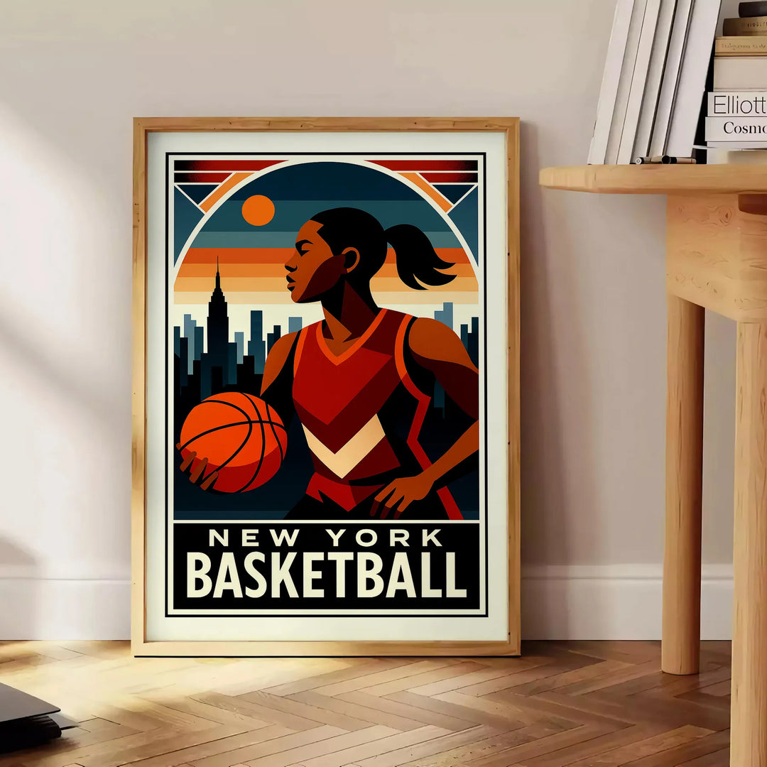 スタイリッシュなアールデコデザインのニューヨークバスケットボールポスター。ゲームの精神を捉えたヴィンテージプリントで、バスケットボールの壁アートやギフトに最適です。