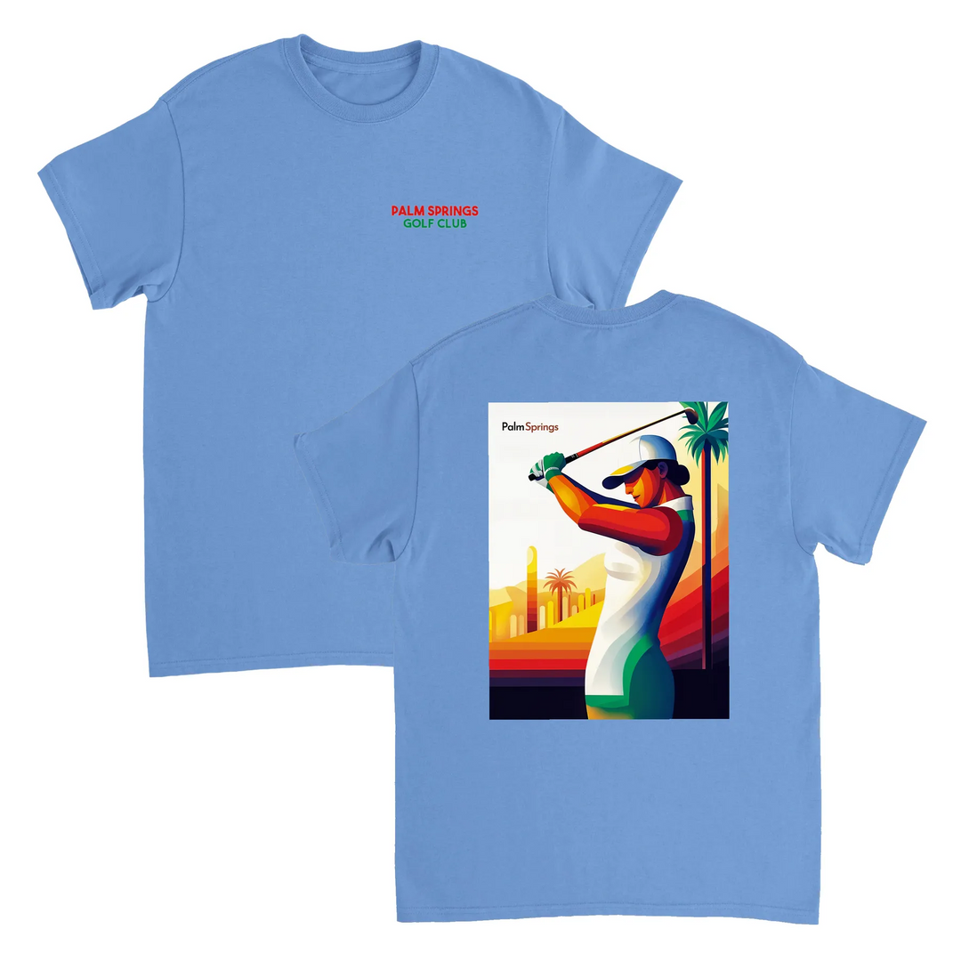 ゴルフパームスプリングスTシャツは、快適さとスタイルを兼ね備えたデザインです。パームスプリングスの陽気な雰囲気を楽しむゴルフ愛好者に最適です。