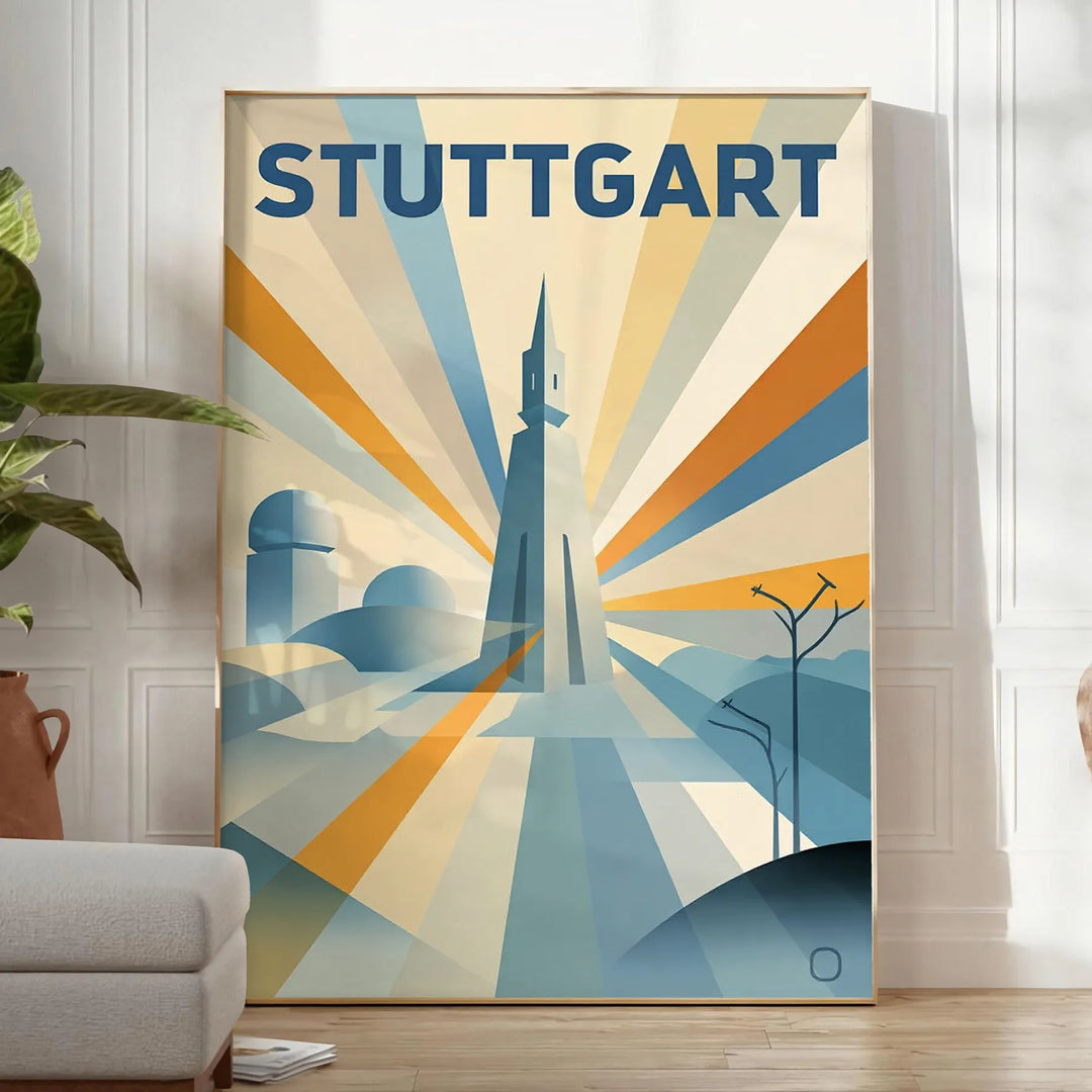 Plakat Art D1co przedstawiający Stuttgart, w bogatych brązowych i żywych pomarańczowych odcieniach. Idealny do każdego wnętr
