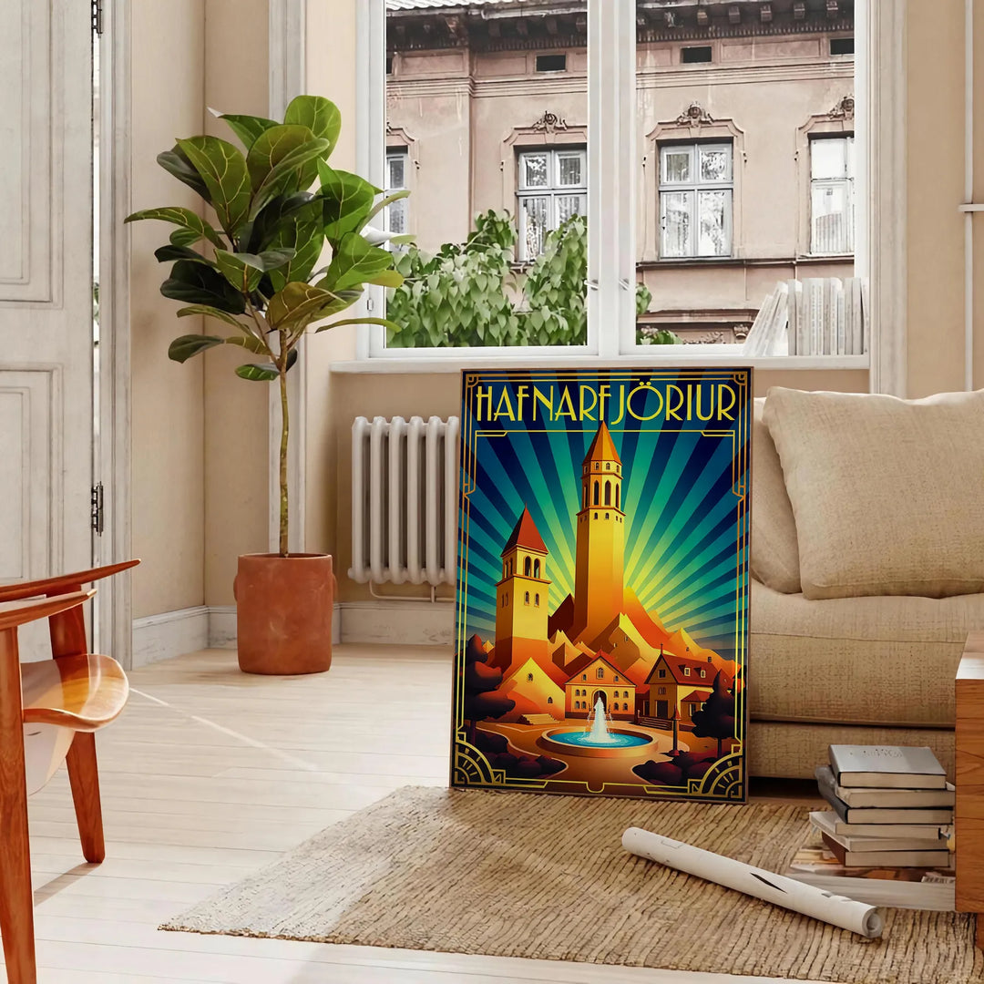 charm Hafnarfjörður Iceland stunning Art Déco vintage poster vibrant blue orange hues unique touch decor chance eye piece dimensions A4 cm A0