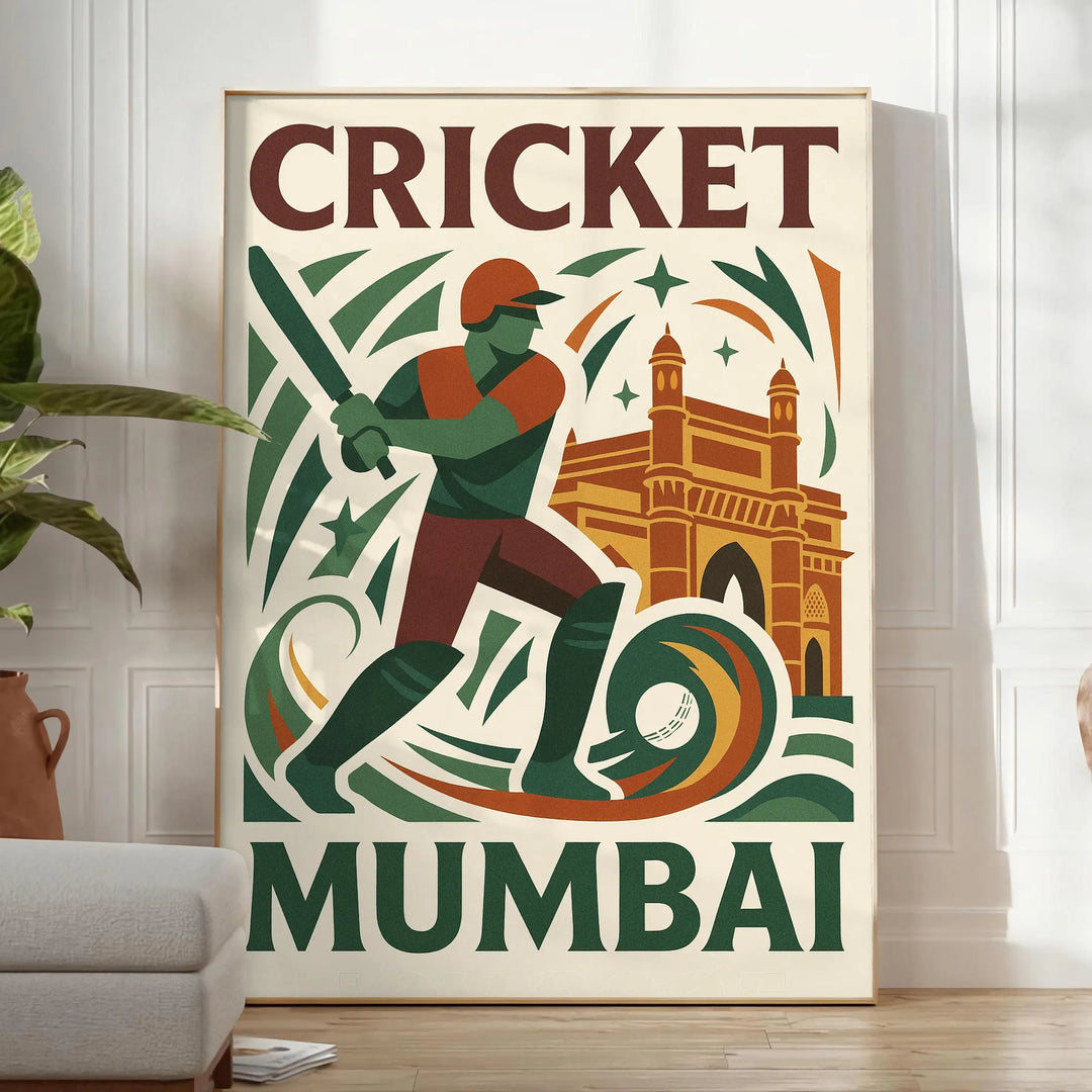 ムンバイのスポーツ文化を祝うクリケットテーマのポスター。グレーとホワイトの洗練されたデザインで、クリケット愛好者に最適です。サイズはA4、30x40cm、50x70cm、60x80cm、A0からお選びいただけます。