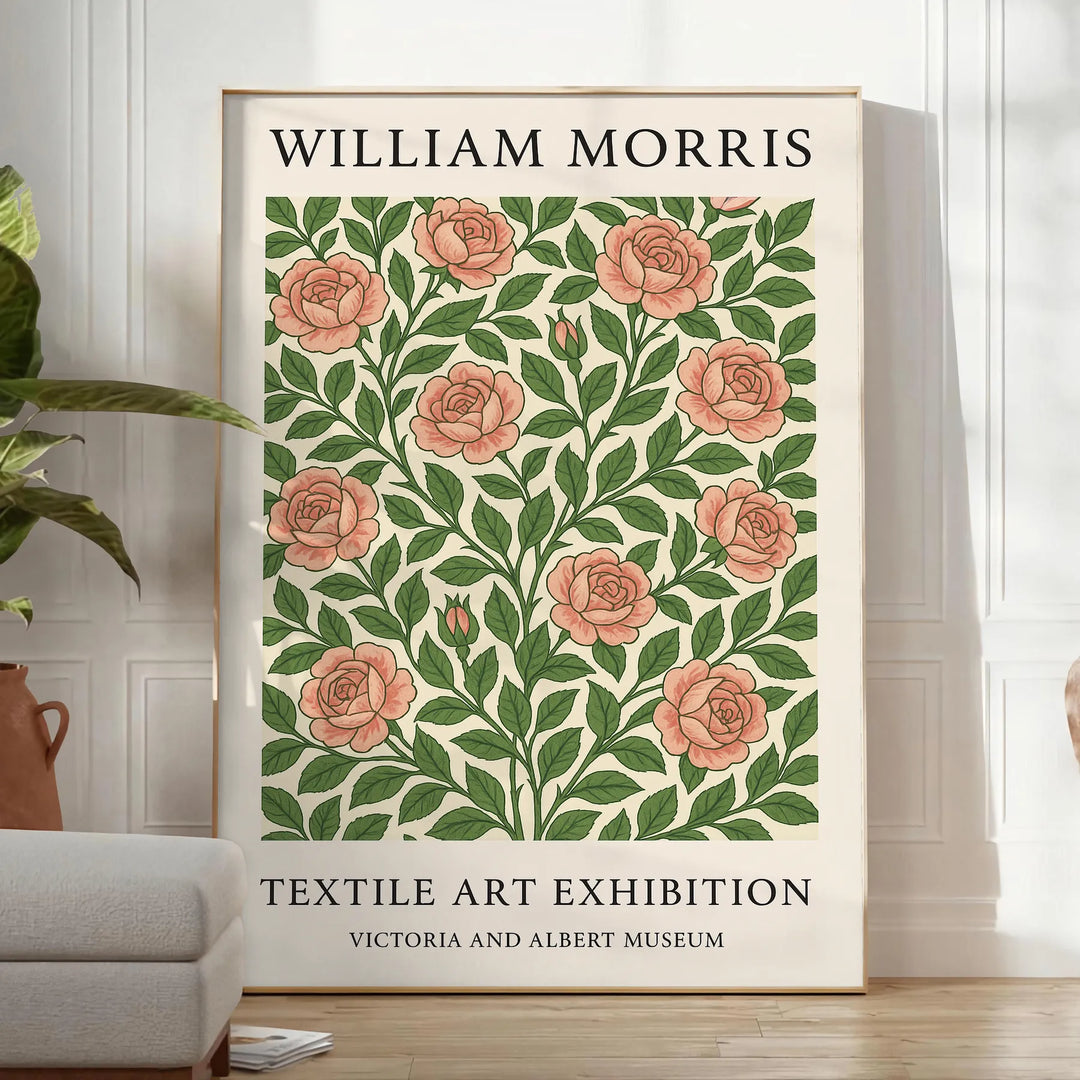 William Morris botanisk affisch med vintage tryck i grå och orange nyanser, perfekt för botaniska affischentusiaster. Finns i