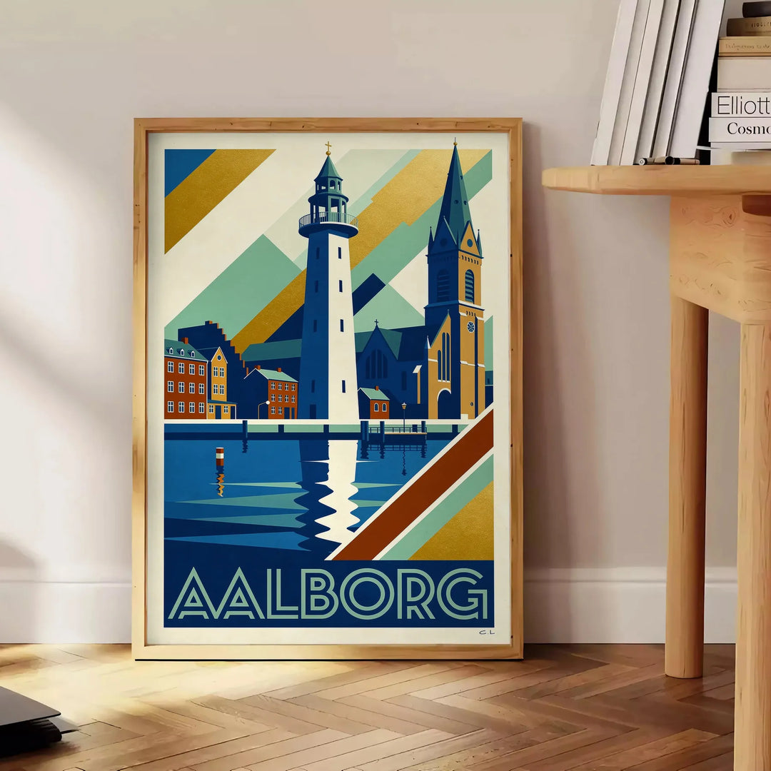 Plakat Art Déco przedstawiający Aalborg, Dania w niebiesko-brązowych odcieniach