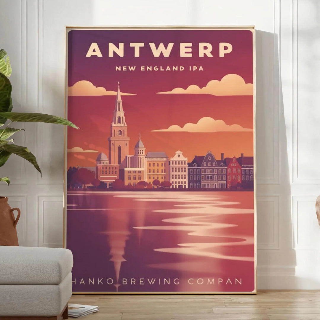 Poster Art Déco raffigurante Anversa stilizzata in grigio e viola