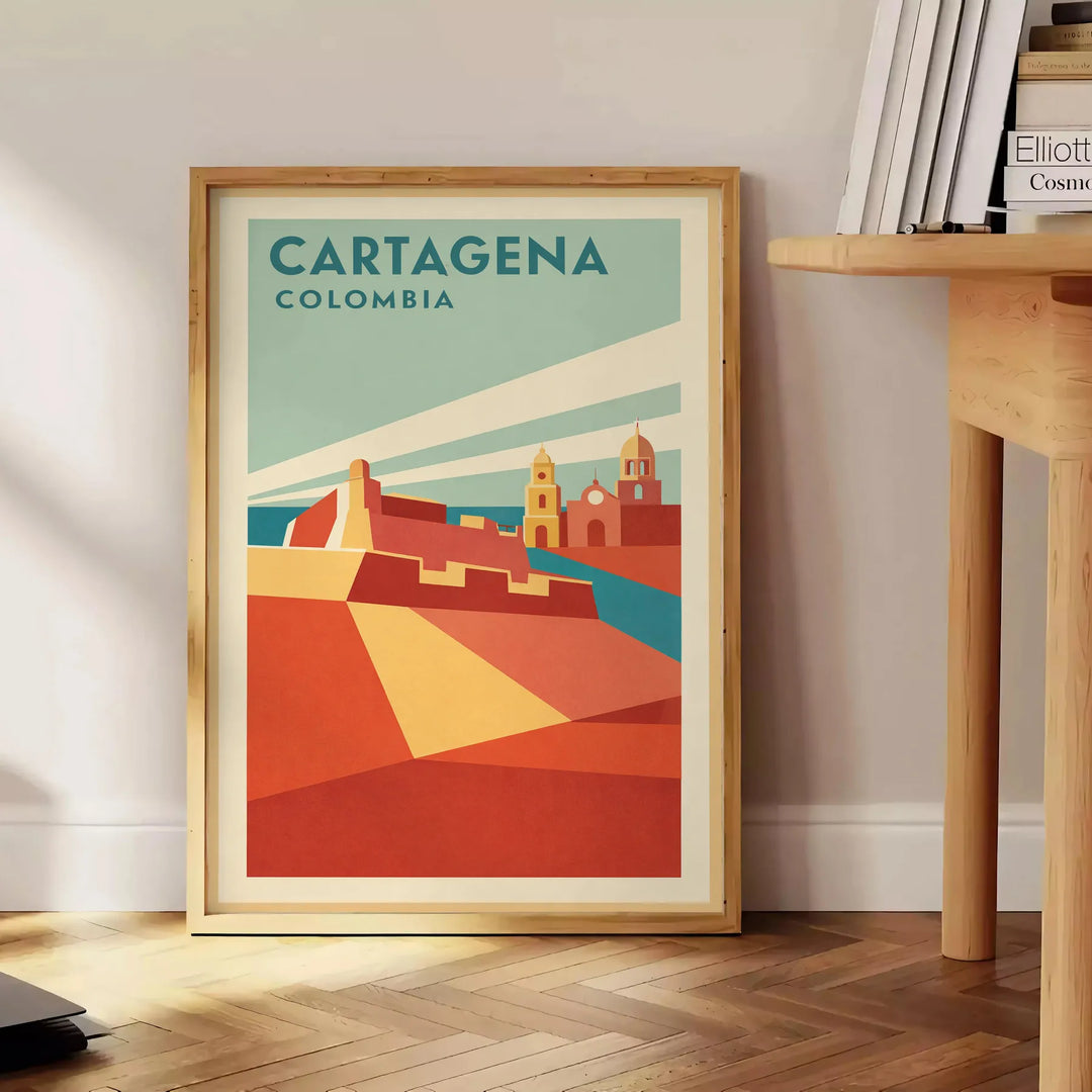 Plakat w stylu Art Deco przedstawiający Cartagena, Kolumbia w kolorach pomarańczowym i niebieskim